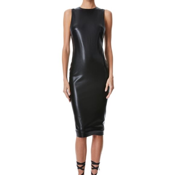 Alice + Olivia Delora Black Vegan Leather Sleeveless Midi Dress US 6 - Picture 1 of 9